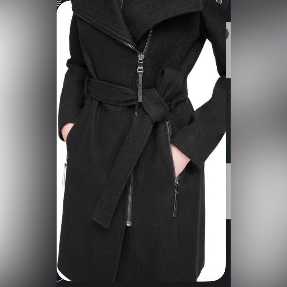 Calvin Klein Black Wrap Coat with Zipper Accents
